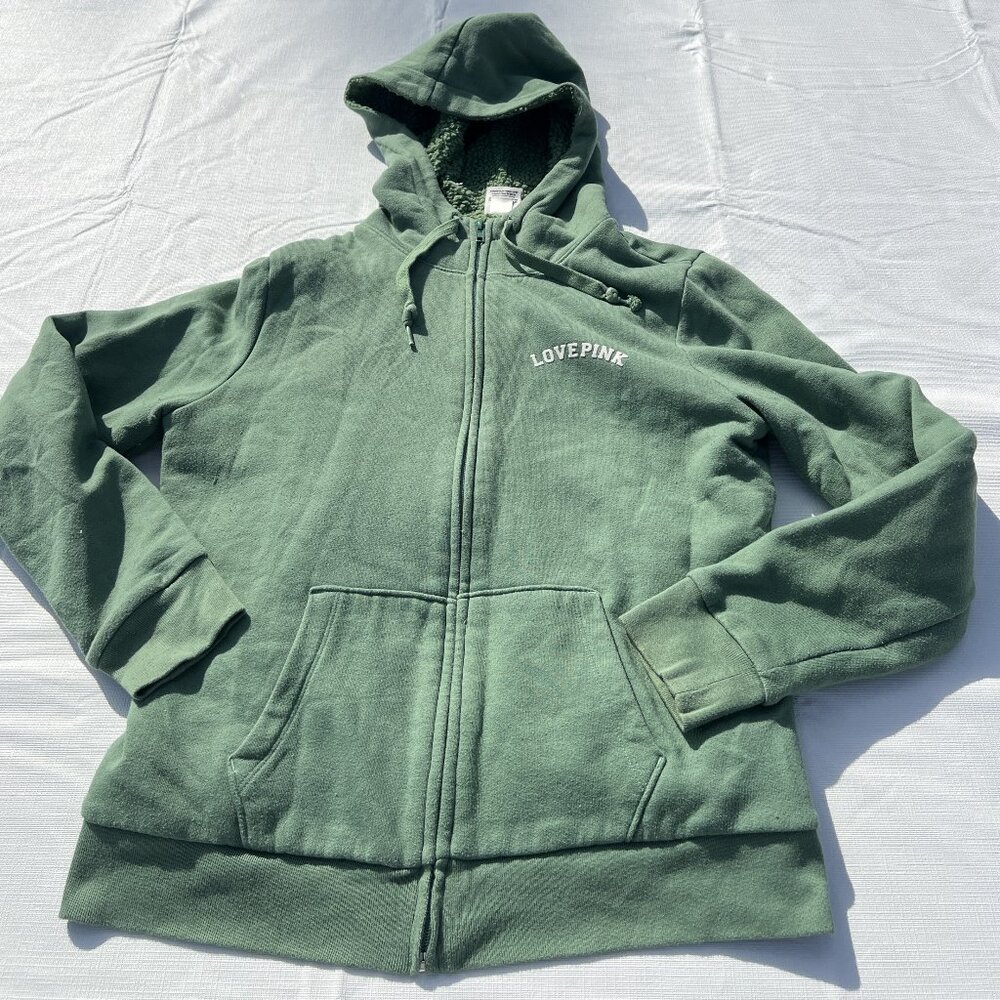 Victoria's Secret Sherpa Lined Green Zip Up Hoodie Size Medium
